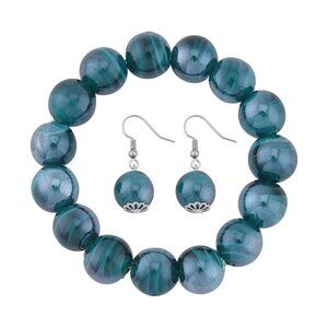 Green Color Beaded Stretch Bracelet and Dangle Earrings in Stainless Steel